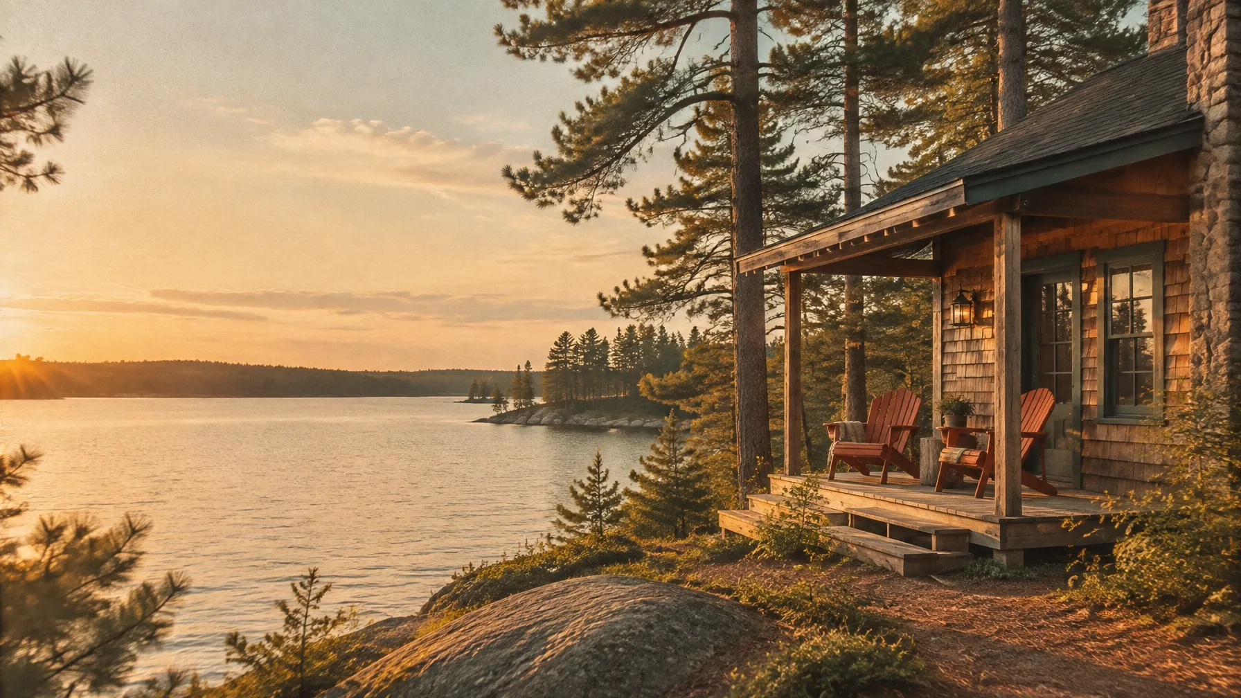 A cedar cottage surrounded by trees beside a quiet lake